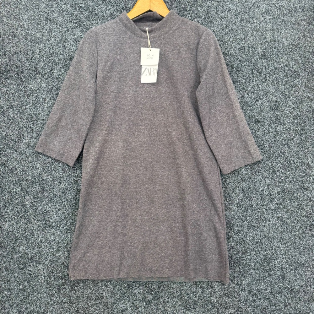 Zara Join Life Gray Mock Neck Mini Dress 3/4 Sleeve Knit Shift Small